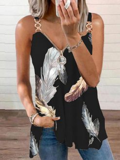 Feather Print Casual Sleeveless Off Shoulder Zip V-Neck Sling